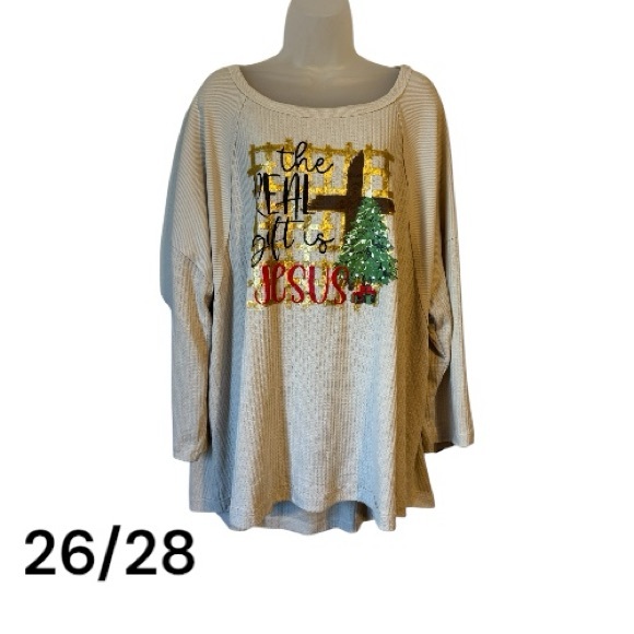 CHRISTMAS  *THE REAL GIFT IS JESUS*  CREAM WAFFLE KNIT TOP  PLUS: 26/28   #9 - Picture 1 of 6
